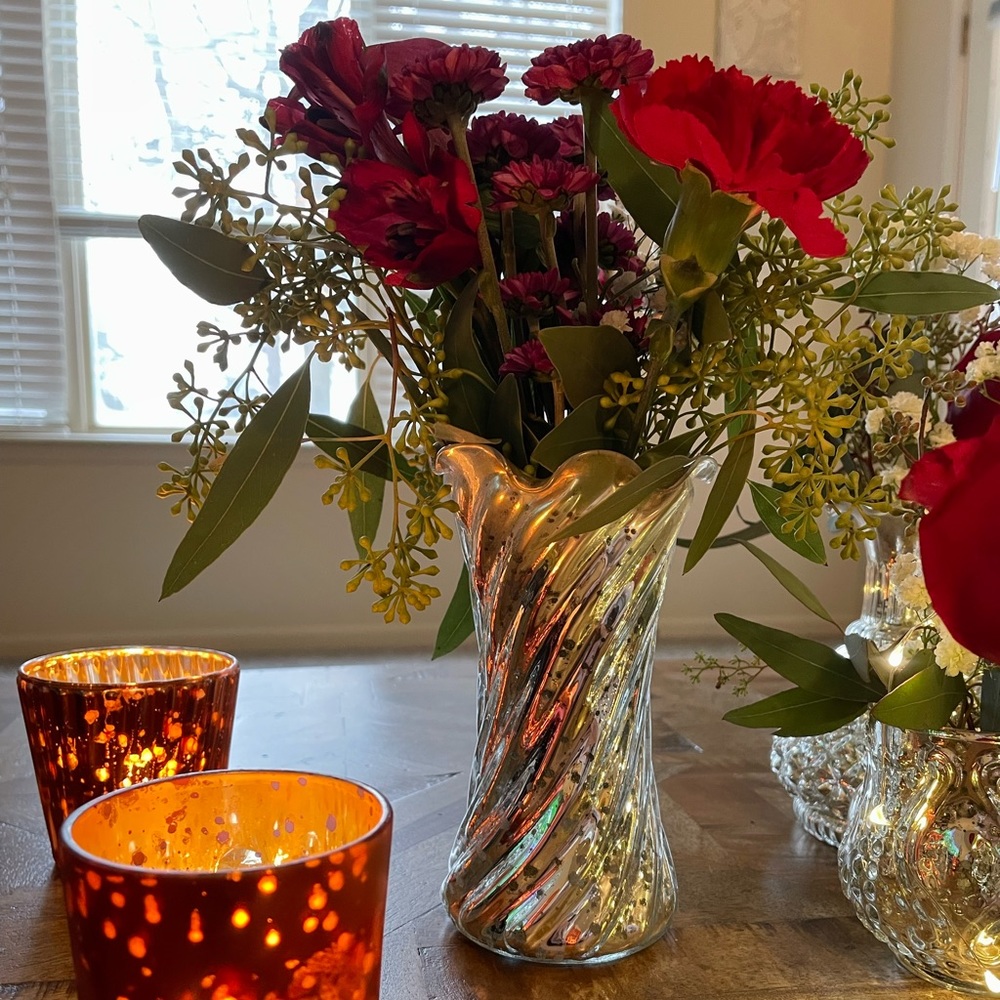 5 - New, tall, 6” Silver Mercury Glass Spiral Vases